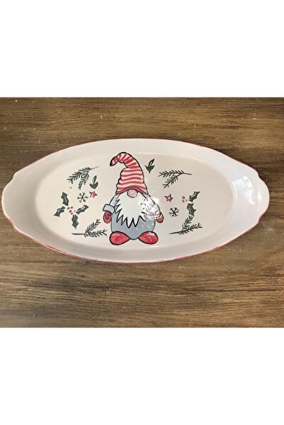 Atölyeden El Yapımı Seramik Servis Tabağı Noel Cüceli
