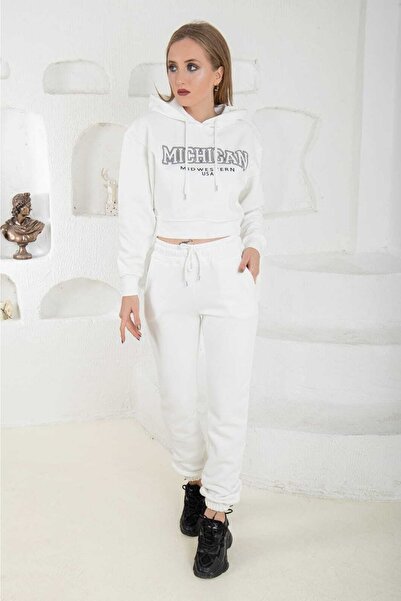 LEONE KOLEKSİYON Ecru Crop Sweatshirt Top and Bottom Set
