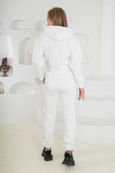 LEONE KOLEKSİYON Ecru Crop Sweatshirt Top and Bottom Set