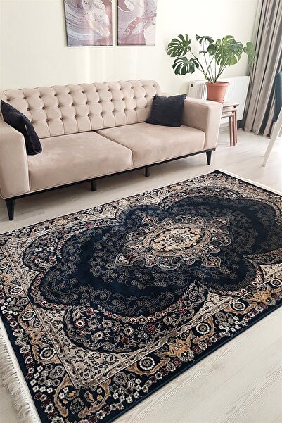 SULTAN HALI Lacivert Renkli Göbek Detaylı Antibakteriyel Makine Dokuma Salon Halısı