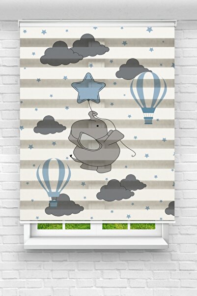 vanilyahome Çocuk Odası - Mavi Balon Ve Yavru Fil Baskılı Zebra Perde