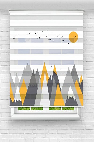 vanilyahome Çocuk Odası - Karlı Dağlar Kuşlar Ve Güneş Baskılı Zebra Perde