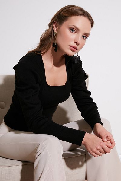 Lela Sleeve Gathered Square Collar Knitwear Sweater 6362161