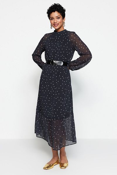 Trendyol Collection Czarna tkana sukienka w kropki z podszewką z szyfonu TWOSS20EL0982