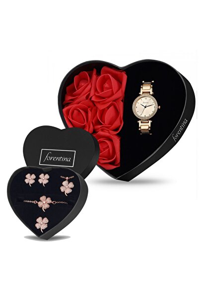 Forentina Kırmızı Güllü Kutuda Rose Metal Kol Saati - Rose Yonca Takı Seti Ps...