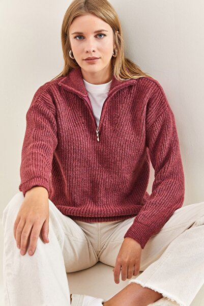 Bianco Lucci Kadın Fermuarlı Balıkçı Yaka Oversize Triko Kazak