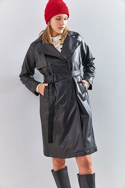 Bianco Lucci Damen-Ledermantel mit 6 Knöpfen und Gürtel 2246
