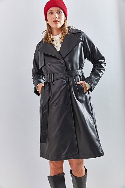 Bianco Lucci Women's 6 Button Belted Leather Overcoat 2246