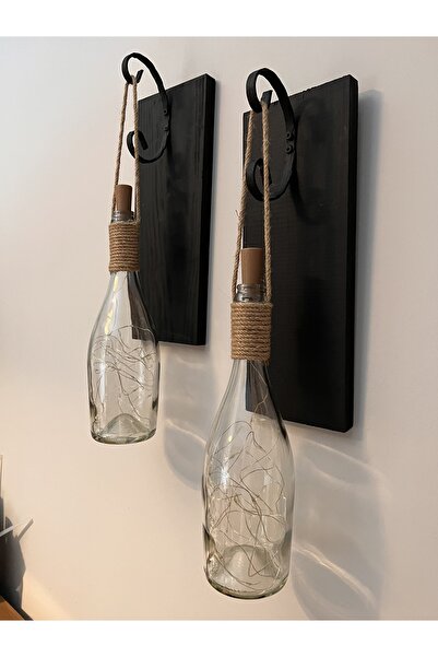 Mes Reves Tıpa Peri Led Işıklı Siyah Ahşap Cam Şampanya Şişesi Duvar Aplik 2'li Set