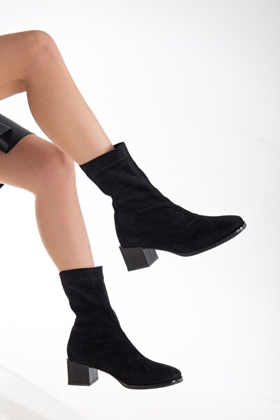 Genel Markalar Kadın Siyah Süet Streç Günlük Küt Burunlu Yeni Moda Rahat Bot ...
