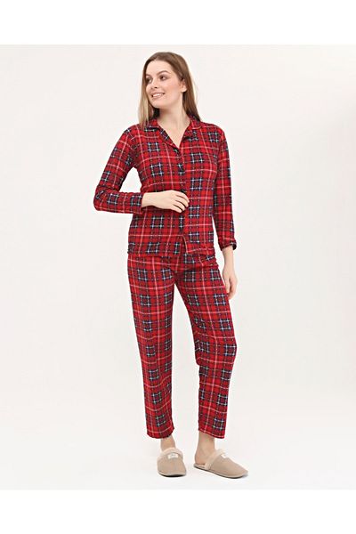 Nehir tekstil Suede Front Buttoned Women's Shirt Pajama Set