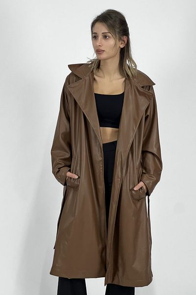 Jaglion New Season Women's Tan Leather Trench Coat