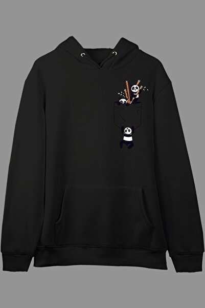 YQYQ Oversize Cute Panda Pocket Design Printed Hooded Sweatshirt Hoodie Black