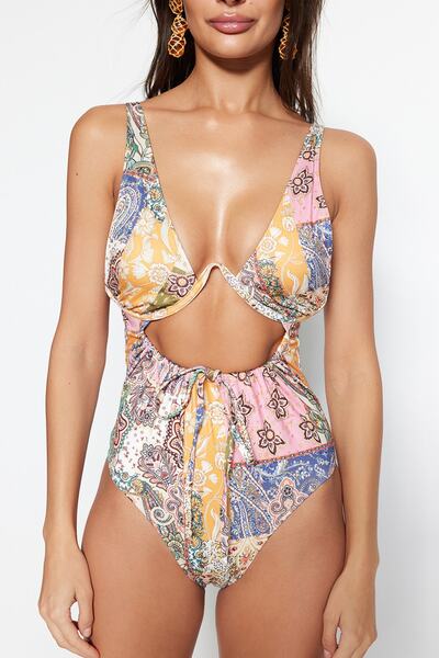 Trendyol Collection Ethnic Patterned Underwire Cut Out/Window High Leg Swimsuit TBESS23MA00101