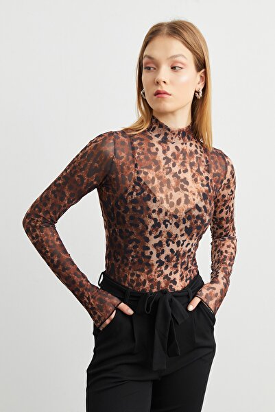 modavingo Bluză de damă, maro, negru, cu model leopard, din tul, transparentă