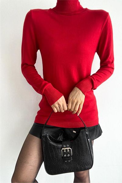 FEMELLE Women's Red Turtleneck Thin Basic Knitwear Sweater