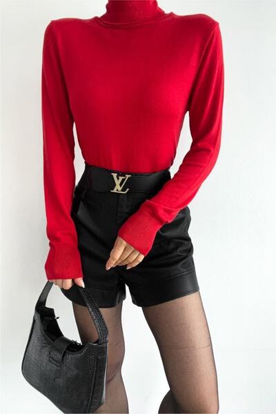 FEMELLE Women's Red Turtleneck Thin Basic Knitwear Sweater