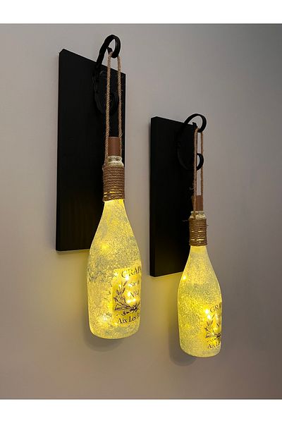 Mes Reves Copy - Stopper Fairy Led Lighted Black Wooden Glass Champagne Bottle Wall Sconce Set of 2