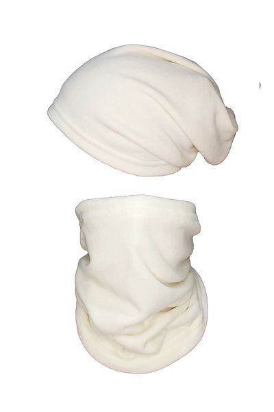 Mrey Ecru Unisex Winter Fleece Drawstring Beanie - Can Be Neck Collar Scarf Set