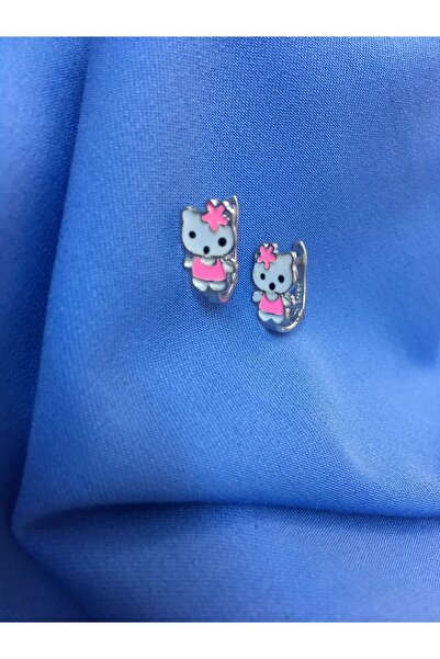 Damla Gümüş Hobby 925 Ayar Gümüş Hello Kittyli Pembe Üzeri Mineli Çocuk Küpesi