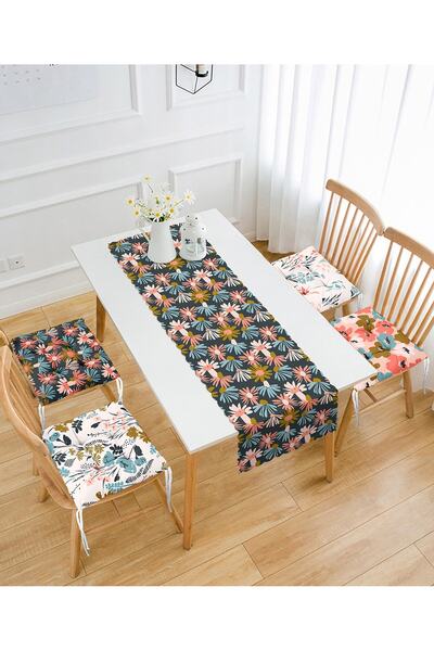 Realhomes Colorful Floral Designed Set of 4 Pouf Chair Cushions and 1 Runner
