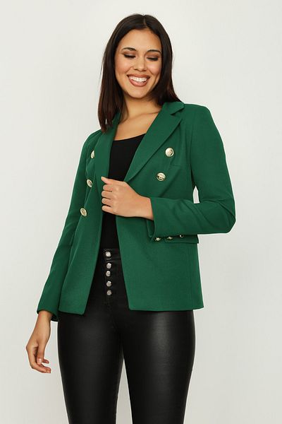 Select Moda Women's Dark Green Gold Button Closure Lined Blazer Jacket