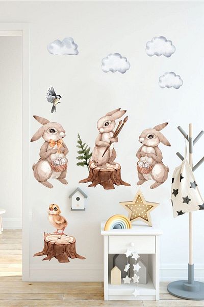 Piksel Grafik Autocolant de perete pentru camera copiilor Rabbit Friends