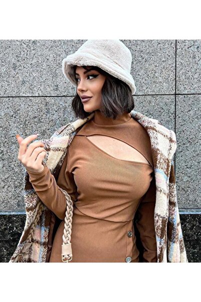 DERİNBOUTIQUE Kadın Taba Rengi Kaşkorse Öpücük Dekolte Yaka Düğmeli Yırtmaçlı Kışlık Yılbaşı Yeni Yıl Elbise