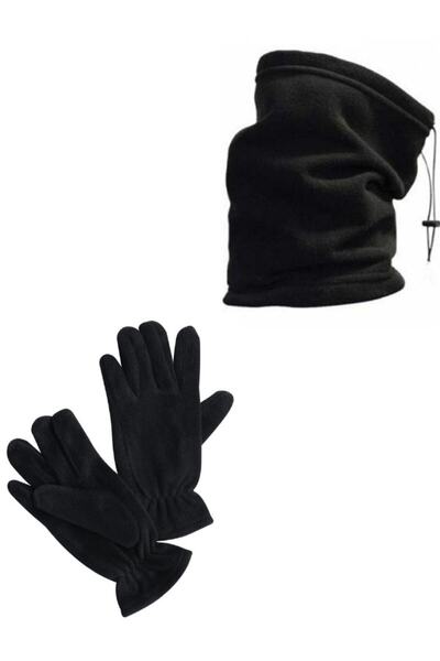 LEADER TRADE Black Fleece Neck Collar - Black Fleece Gloves Set