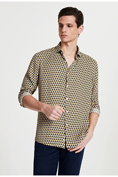 Tween Slim Fit Sarı Baskılı Viskon Gömlek