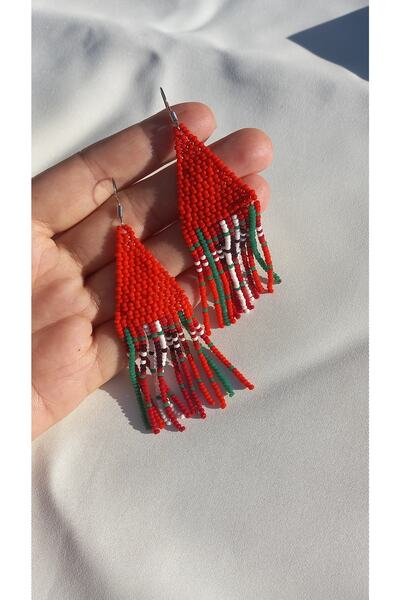 Atolye Ferda Ekose Desenli Sallantılı Boncuk Küpe