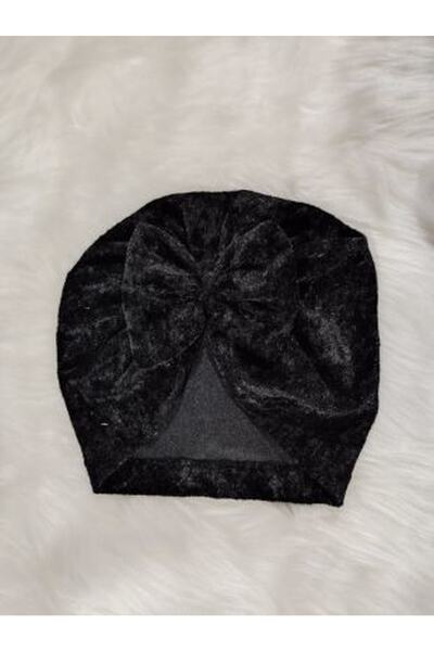 Elvinege Aksesuar Siyah Parlak Kadife Fiyonklu Kız Bebek Bonesi