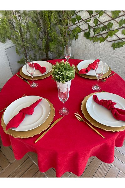 Decamor home Velvet Textured Carefree Red Round Table Cloth