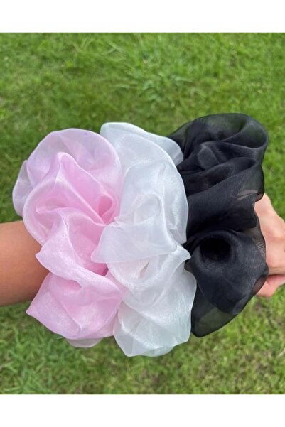 Elvinege Aksesuar 3'lü Siyah - Beyaz - Pembe Renklerde Organze Simit Toka Set...