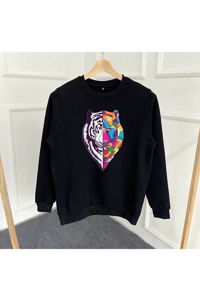 NewCabin New Season Slim Fit 2 Thread Raised Digital Wolf Printed Crew Neck Sweat
