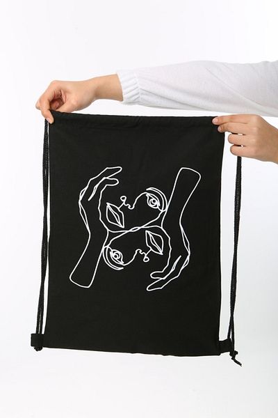 Serkan Çanta Bez Çanta Atölyesi Hands on Face Printed Drawstring Black Backpack