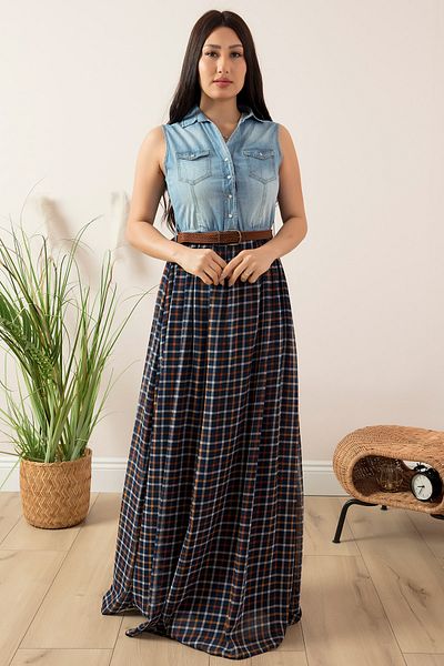PULLIMM Olga 3993 Top Denim Bottom Tulle Long Dress