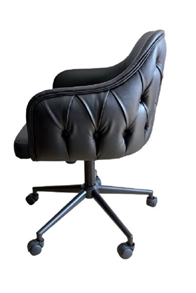 KamusalMarket Büro Sandalyesi Kapitone Desenli Suni Deri Siyah Konik Metal Ay...