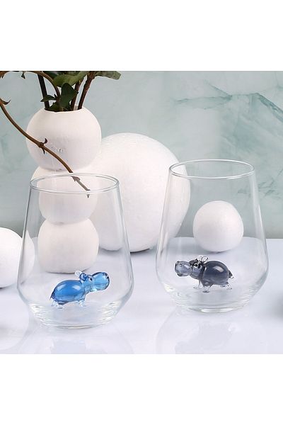 ADAMODART Set of 2 Water Glasses with Hippo Glass Figure