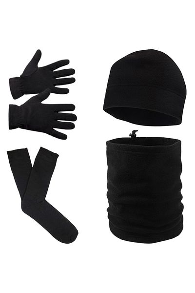AXE SPORTSWEAR Men's Black Winter Fleece Beanie - Fleece String Neck Collar - Fleece Gloves - Towel Socks Set of 4