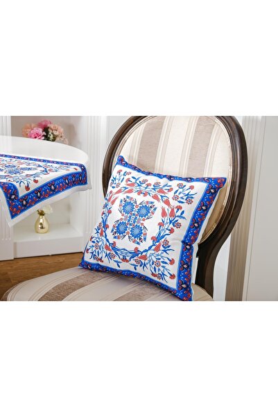 Finezza Set de perne și runner din bumbac Tile Cotton Duck cu imprimeu Crem/albastru 3 piese - 54