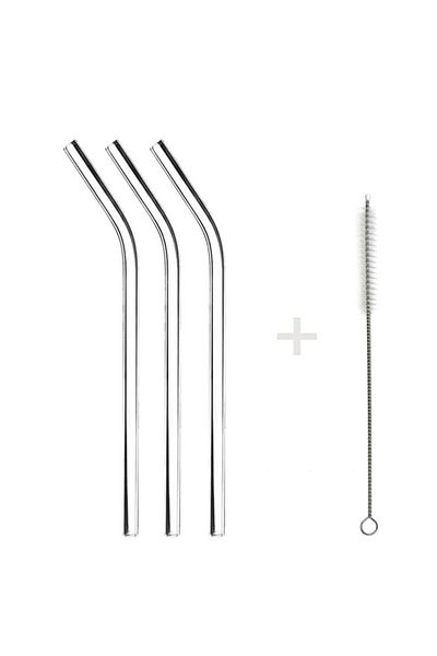 Dalian Home 3-Piece Curved Glass Straw and Cleaning Brush 3 Pieces Straw + Brush