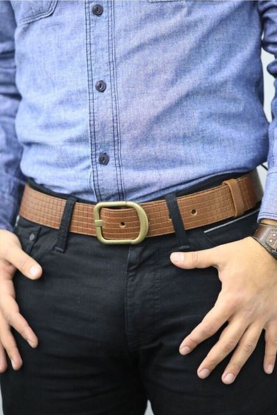 GUARD Genuine Leather Tan Knitted Patterned Men's Belt K-132