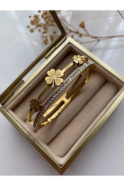 JEWELRY Çelik Pırlanta Detaylı Açılır Kapanır Yonca Bilezik