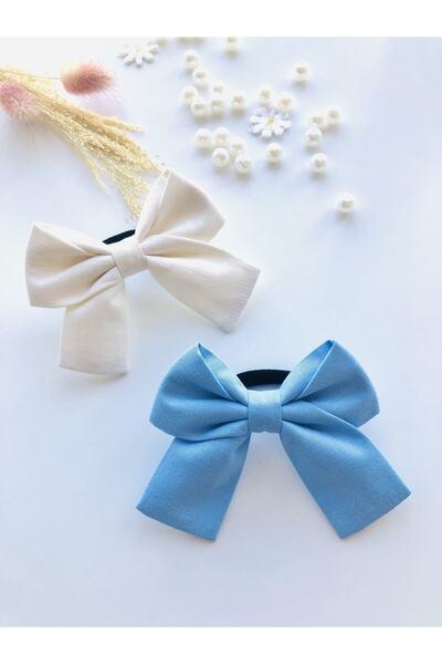 seyranat Pack of 2 White Blue Organic Cotton Elastic Bow Fabric Baby Girl Hai...
