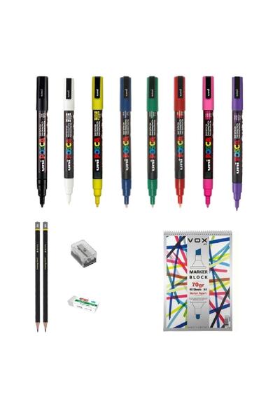 Uni Posca Marker Pen Drawing Set 2 + 3m (0.9 - 1.3mm) Set of 8