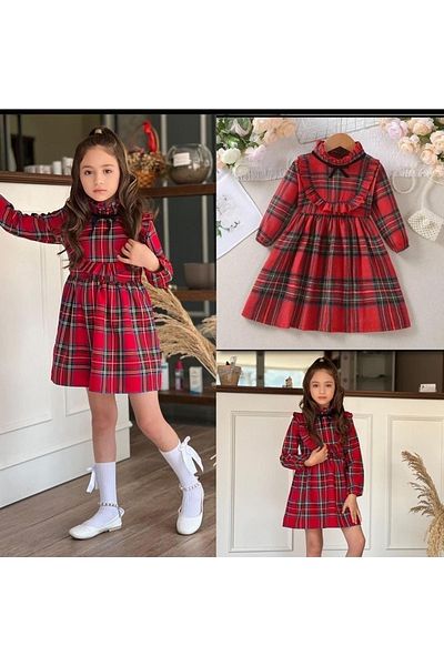 MASAL DÜNYAM Girl's Red Plaid Dress and Socks (New Year's Eve) (Dress Length is Knee-Length)