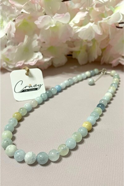 CRAZY TAKI TASARIM 8 mm Akuamarin Doğaltaş 925 Ayar Gümüşlü Kolye