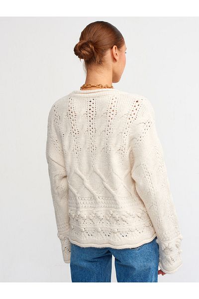 Dilvin 60174 V-Neck Knitwear Cardigan-Ecru
