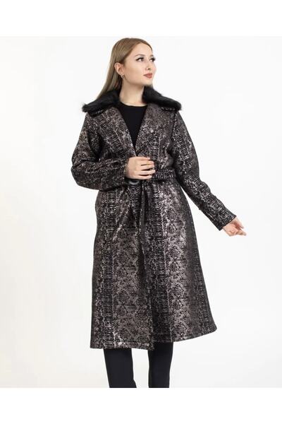 Melissa Kadın Siyah Jakarlı Yakası Kürklü Kaban